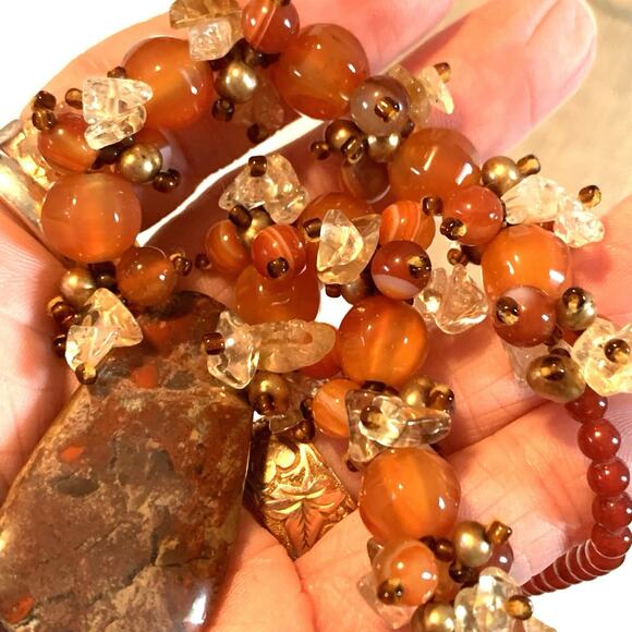 Vintage Carnelian Bead Necklace with Teardrop Agate Pendant Hook Close Ethnic - Picture 5 of 8